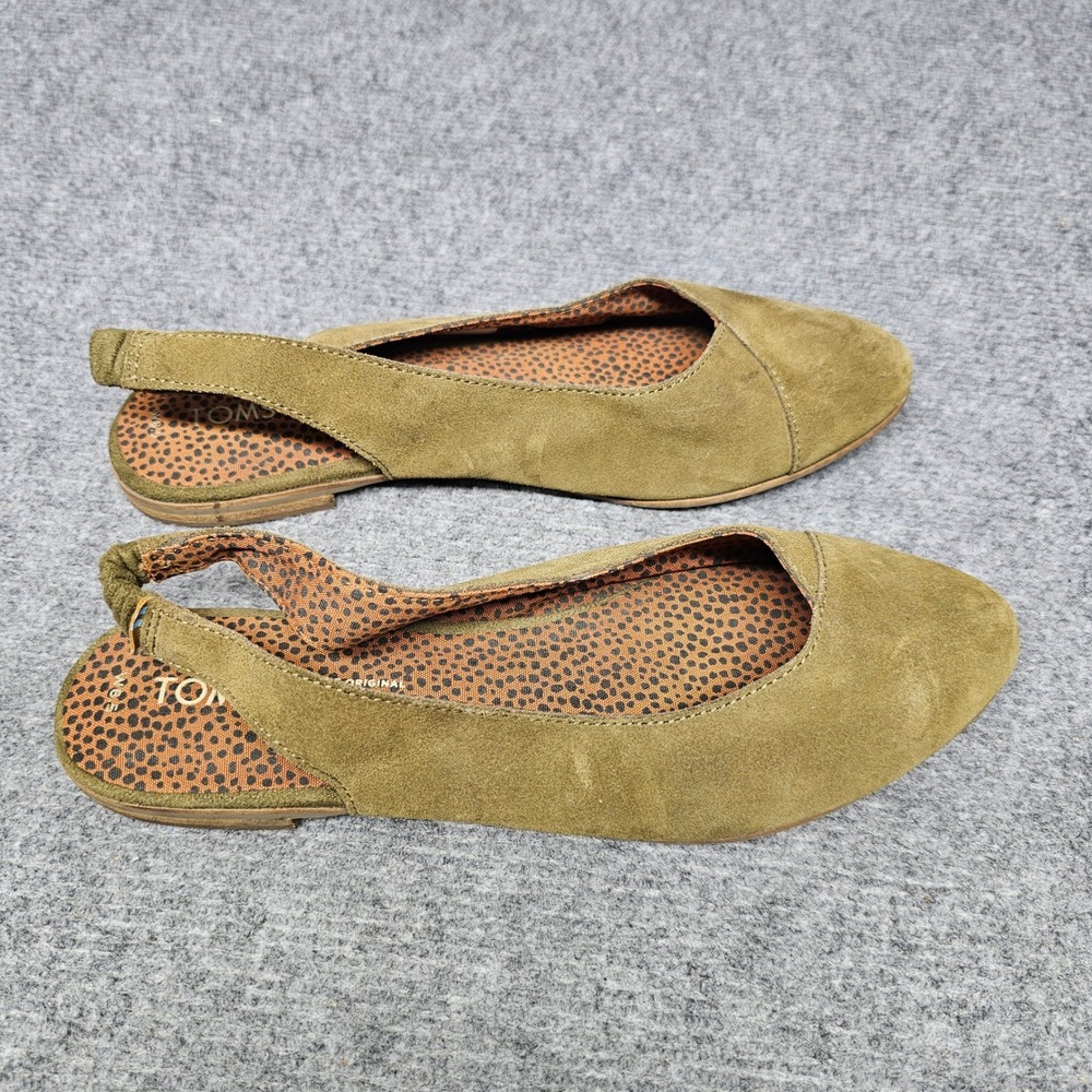 TOMS Jutti Slingback Flats Women 8.5 Olive Green Suede Boho Retro Pointed Toe